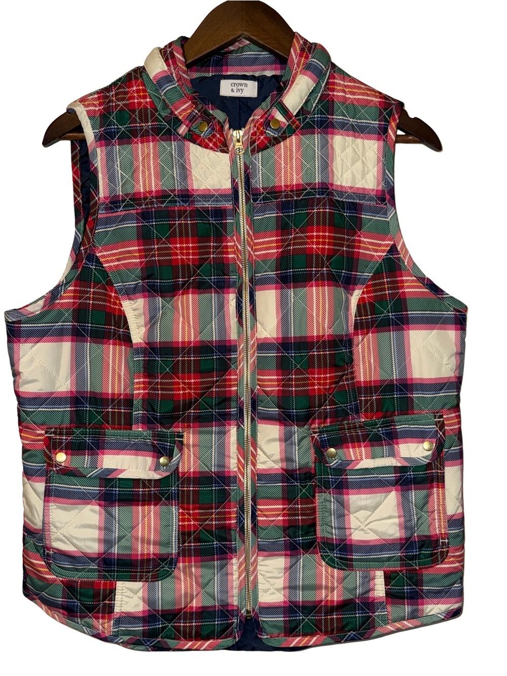 Crown & Ivy Plaid Vest - Red, Green, White